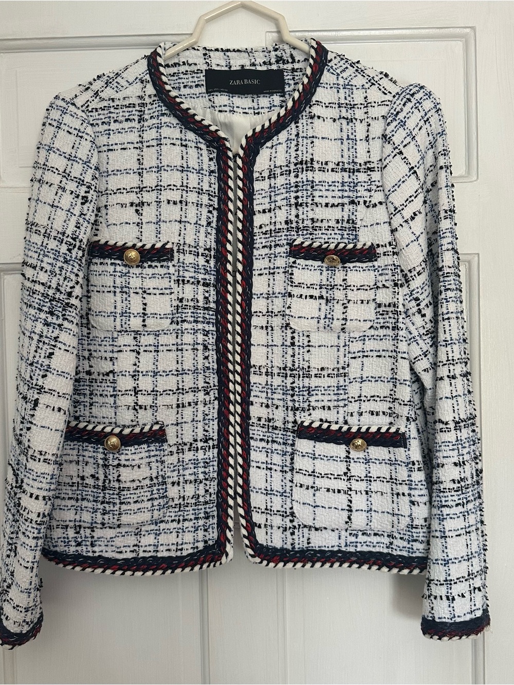 Zara White Tweed Jacket with Navy & Red Trim